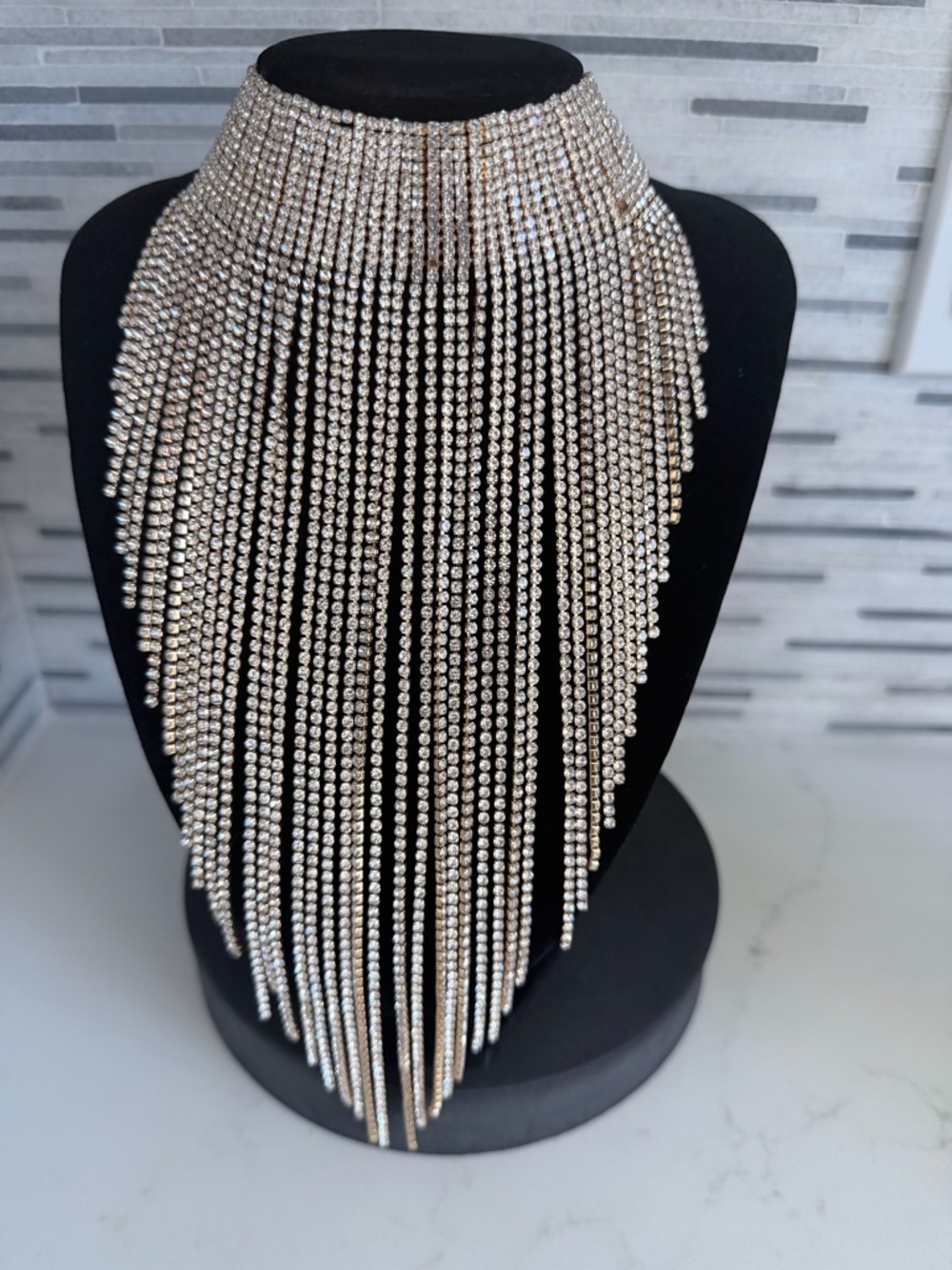 Rhinestone Fringe Statement Choker Necklace - Gold 2 Jewels Missing